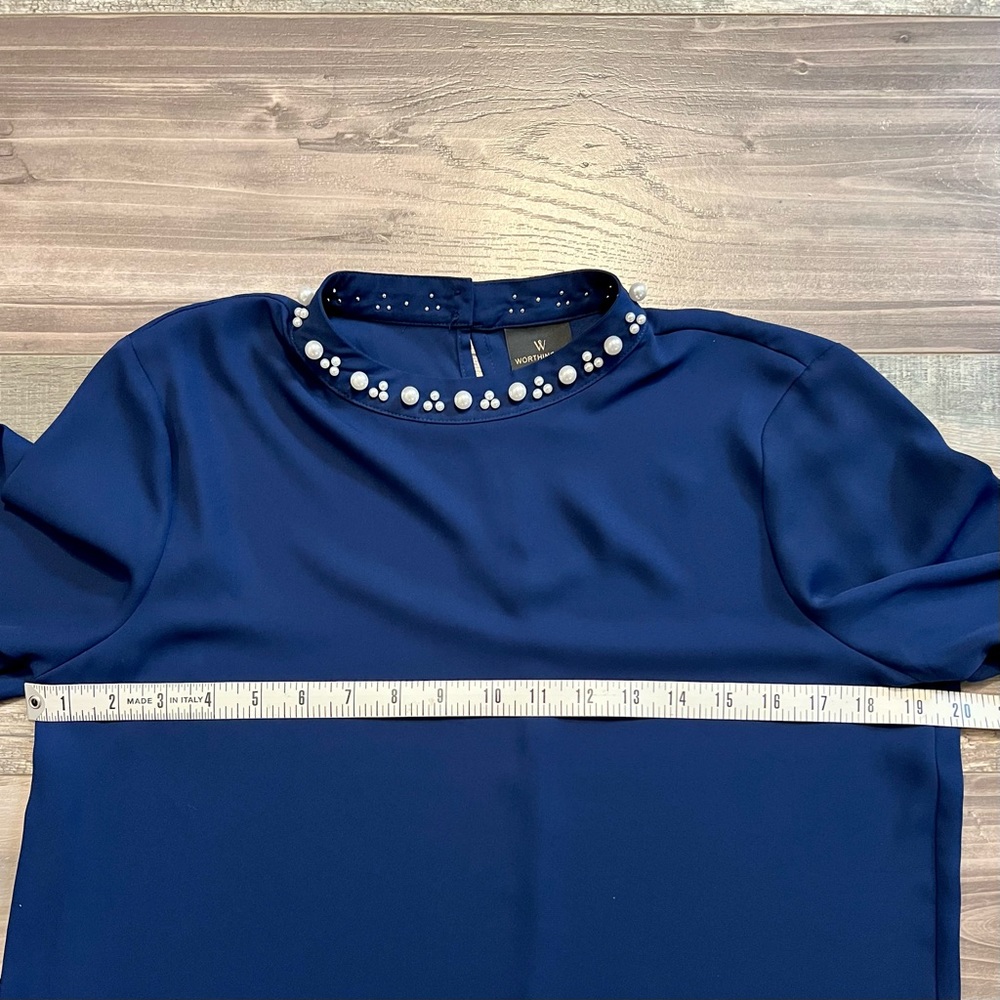Worthington Embellished Beaded Blouse Sz S Navy Blue Mock Neck Bishop Sleeves - Picture 10 of 14